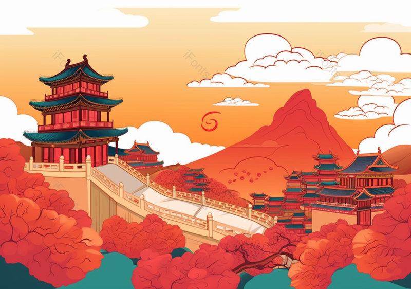 中国风主题元素远观宫殿手绘插画,插画/手绘图,插画/手绘图库,插画/手绘图下载,插画/手绘